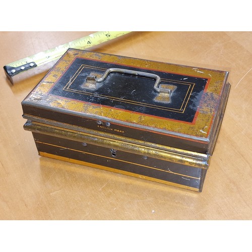 75 - Old metal cash tin containing assorted silver and copper coinage and commemorative crowns including ... 