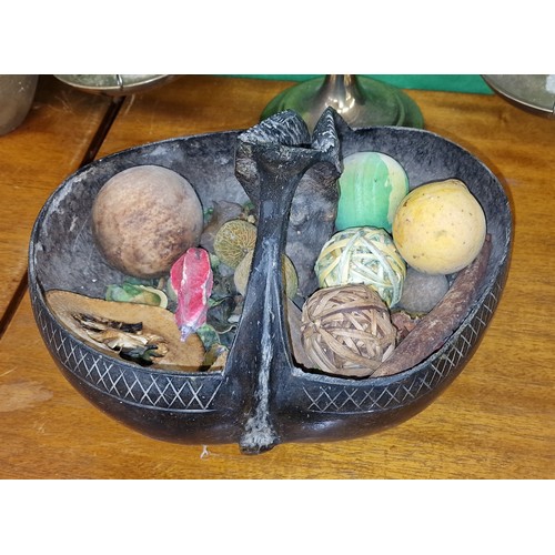 283 - Vintage carved Coco De Mer double nut seed with dried fruit and seeds