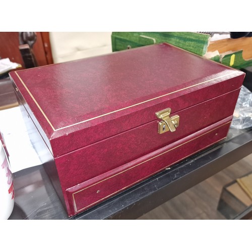 88 - Leather bound retro jewellery box and contents including unstamped Asian silver bracelet etc