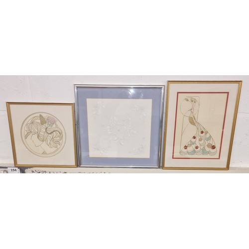 229 - Trio of framed and mounted embroidered pictures including 28.5 x 28.5 cm Art Nouveau style womans he... 