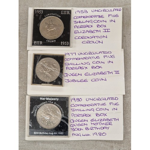 149 - 1953 uncirculated commemorative 5 shilling, 1977 and 1980 similar in perspex cases