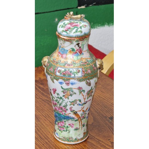 49 - 27 cm tall antique Cantonese famille rose lidded vase with repairs as shown