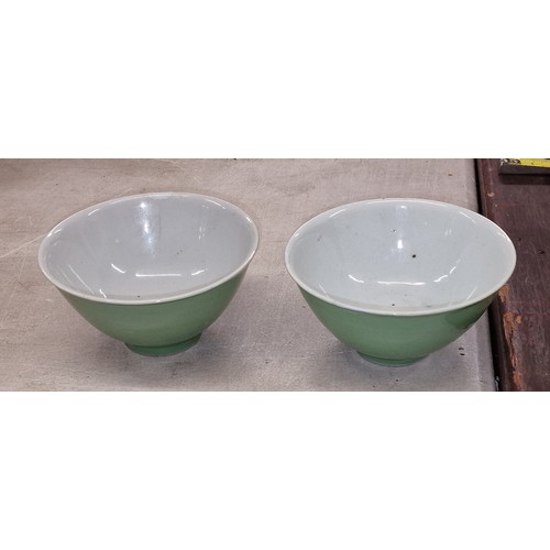 175 - Pair of antique Chinese Celadon glazed bowls - with repairs as shown