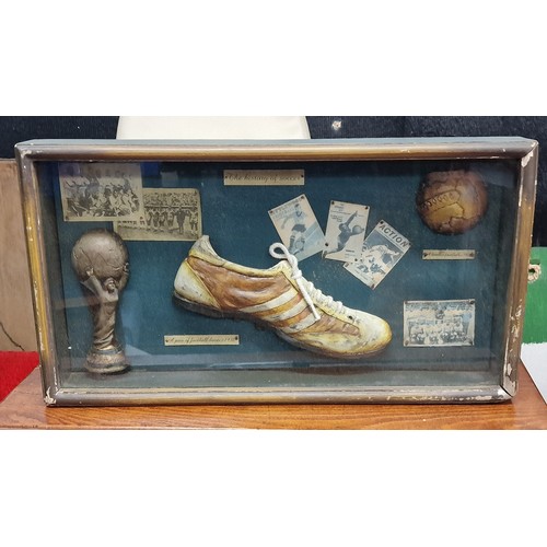 126 - 52 x 28.5 cm box framed history of football 3 dimensional wall art montage