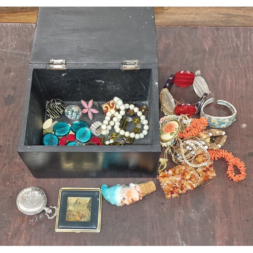 228 - Black wooden trinket box with assorted costume/dress jewellery