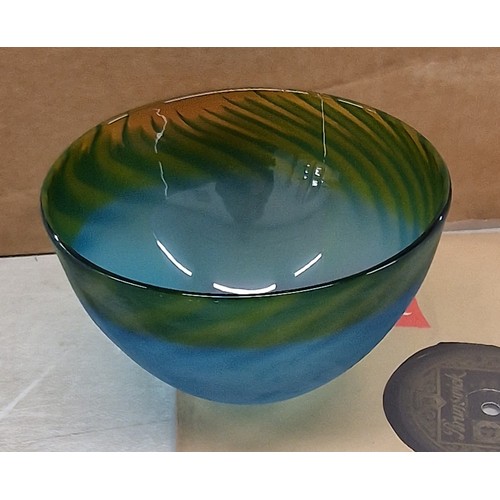 1A - 16 cm diameter and 10 cm tall Rebecca Morgan art glass bowl - small chip on rim