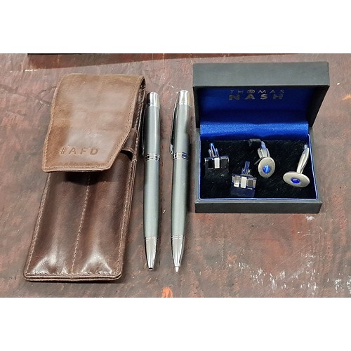 38 - Pen and pencil set in leather case and Thomas Nash twin pack of cufflinks