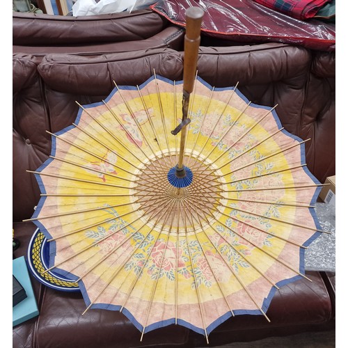 65 - 2 x vintage Oriental Geisha parasols, 1 with original distressed paper bag from Rangoon