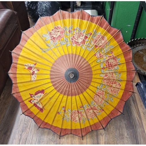 65 - 2 x vintage Oriental Geisha parasols, 1 with original distressed paper bag from Rangoon