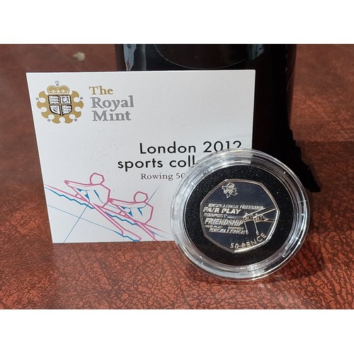 167 - Royal Mint limited edition 2012 Olympics, 925 silver rowing 50p coin in case with COA