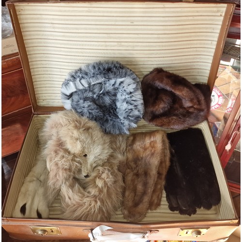 3 - Vintage suitcase with mostly fur hat, collars, stole and gloves