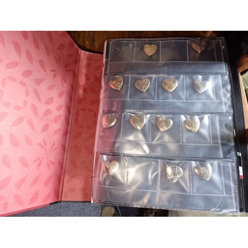 221 - 6 x velvet cards and 1 x pouch of heart shaped, mostly American enamel pin badges in folder