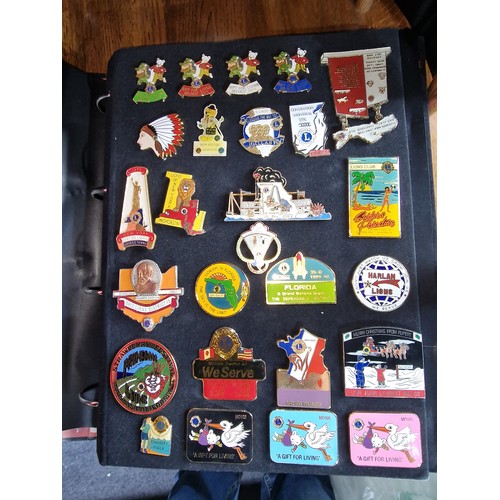 221 - 6 x velvet cards and 1 x pouch of heart shaped, mostly American enamel pin badges in folder