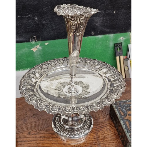 19 - 34.5 cm tall vintage silver plated epergne, needs minor weld repair to base as shown