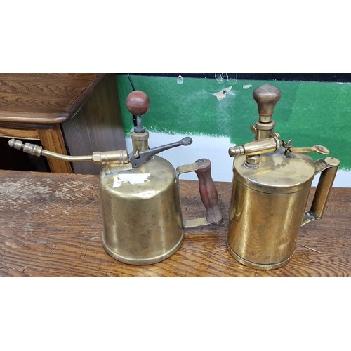 34 - 2 x old brass Dronwal? hand held garden sprayers