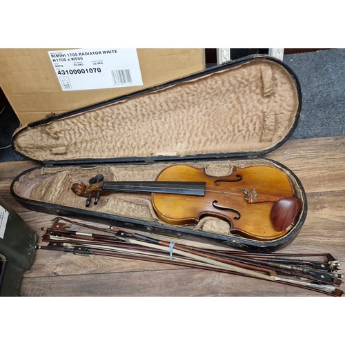 5 - Distressed old violin in wooden WE HILL Bond St case and group of assorted bows