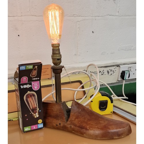 2 - Repurposed old K. Wakefield cobblers wooden shoe last table lamp with Trillion antique bulb