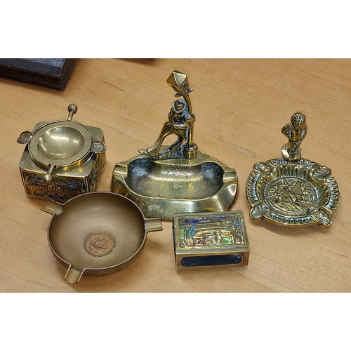 67 - 3 x brass ashtrays, enamelled Oriental ash tray and similar match box holder