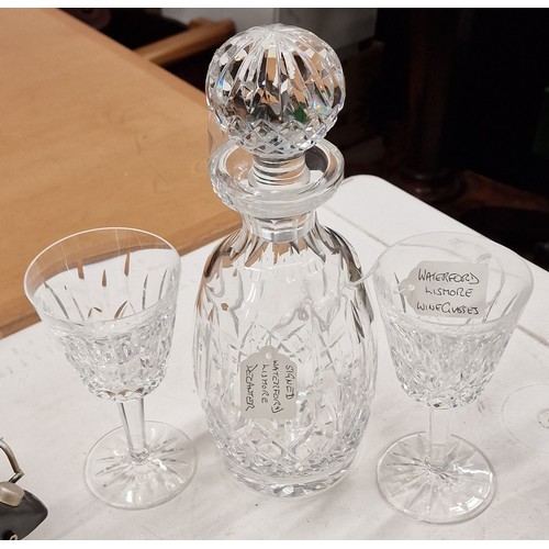 100 - Waterford Crystal Lismore decanter and pair of matching wine glasses