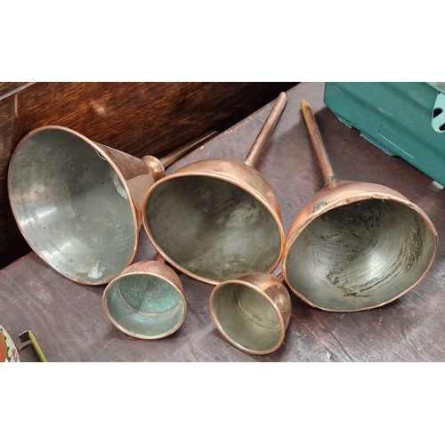 73 - 3 x large and 2 x small vintage copper wine funnels