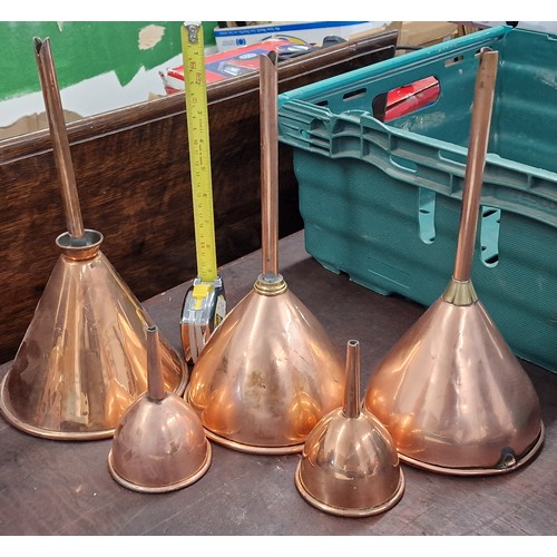 73 - 3 x large and 2 x small vintage copper wine funnels