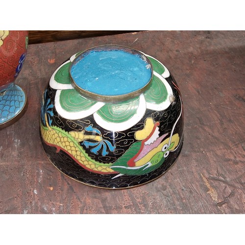 372 - Cloisonne vase and dish, crackle glazed ginger jar and prunus vase/jar