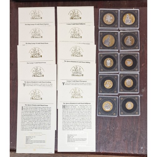 4 - Set of 10 x Historic coins of Great Britain, gold and rhodium plate on bronze coins in cases with ce... 