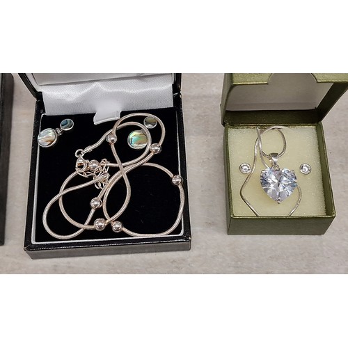 193A - 925 stamped silver bauble necklace and abalone earrings plus CZ heart pendant necklace and earrings