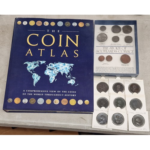 2 - Box framed history of Scottish coins, 9 x George III half penny coins and coin atlas hard back book