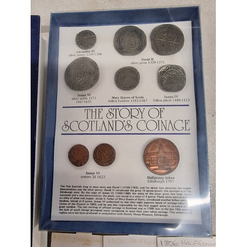 2 - Box framed history of Scottish coins, 9 x George III half penny coins and coin atlas hard back book