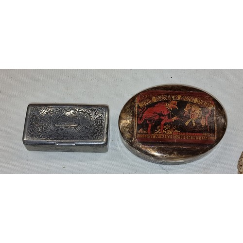 154 - 800 Patseas stamped continental silver oval 'The devils own pen' snuff tin and unstamped ornately en... 