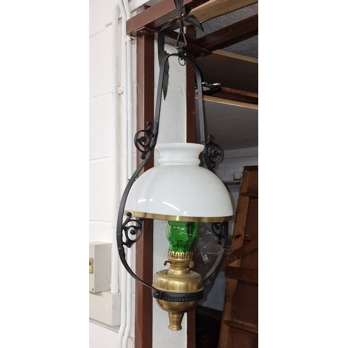 23 - Vintage hanging oil ceiling light with shade and chimney