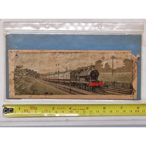 213 - Approximately 19 x 8 cm old silk stevengraph showing steam train scene