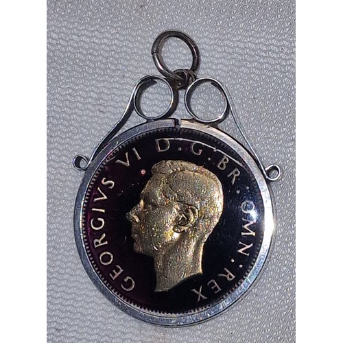 186 - 1950 silver and gold leaf two shilling coin medallion in unstamped white metal mount