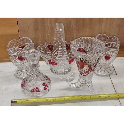 65 - 4 piece clear and cranberry glass dressing table set and other similar vase with bird