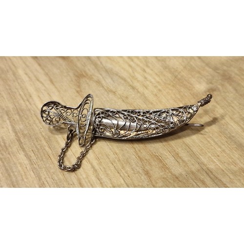 14 - 45mm unstamped silver filigree dagger pin brooch