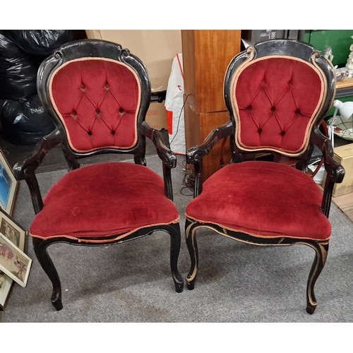 224 - Pair of deep button balloon back, wide seat armchairs