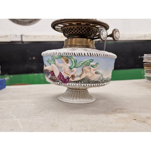 36 - Old Meissen? porcelain oil lamp with mythological scenes - repair to base and with chimney but no sh... 