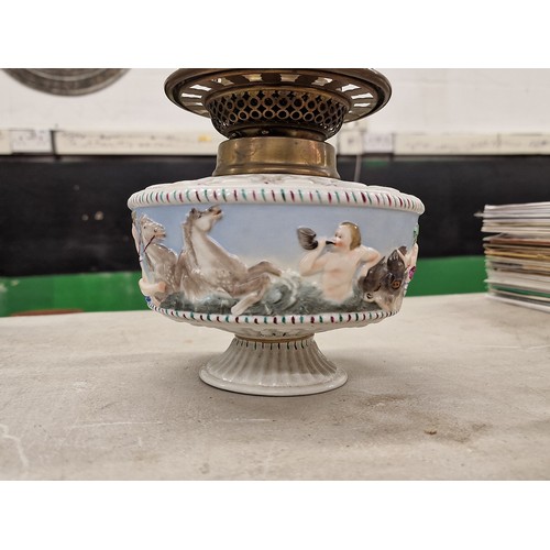 36 - Old Meissen? porcelain oil lamp with mythological scenes - repair to base and with chimney but no sh... 