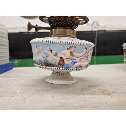 36 - Old Meissen? porcelain oil lamp with mythological scenes - repair to base and with chimney but no sh... 