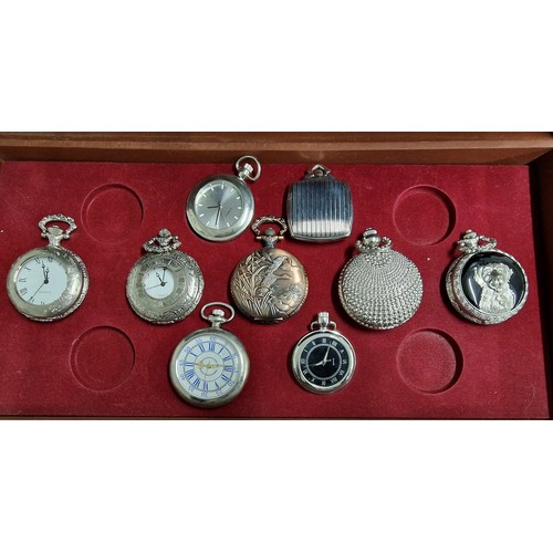 248 - 3 drawer display cabinet containing 28 x assorted modern ornamental pocket watches