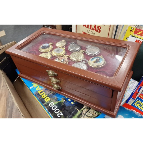 248 - 3 drawer display cabinet containing 28 x assorted modern ornamental pocket watches