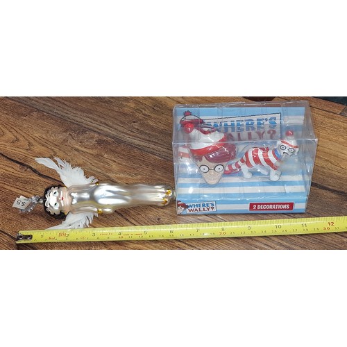 218 - Rare US import boxed Wheres Wally christmas decoration twin pack & unboxed but still tagged Betty Bo... 