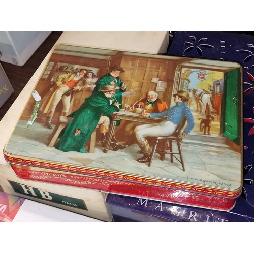 99 - Old picture lid biscuit tin with assorted ladies handkerchiefs