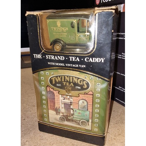 179 - Boxed and unused Twinings, The Strand tea caddy with vintage model delivery van