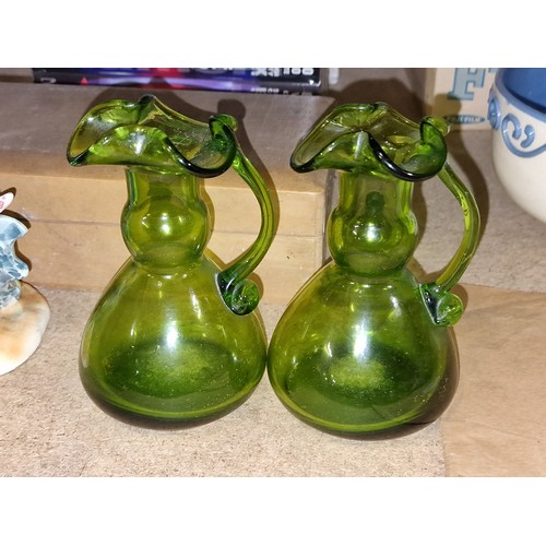 206 - Pair of 12.5 cm tall vintage hand blown green glass mini decanters without stoppers