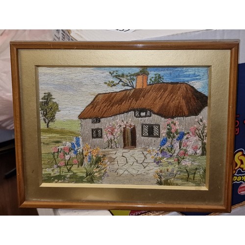 224 - 28 x 22.5 cm framed and mounted 19th century rural cottage needlework picture