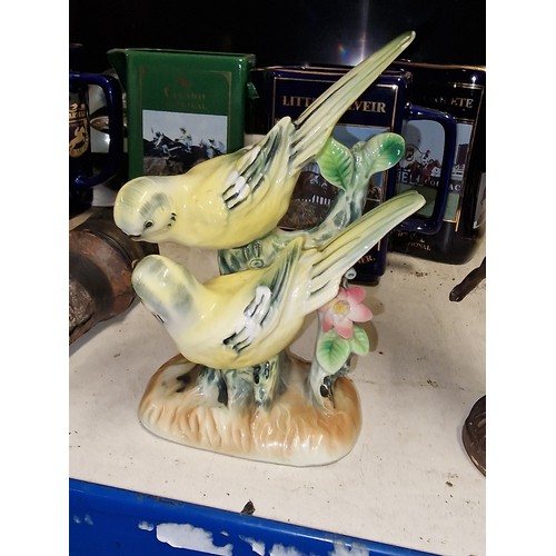 230 - 16.5 cm tall pair of yellow budgerigars on branch figure stamped Foreign