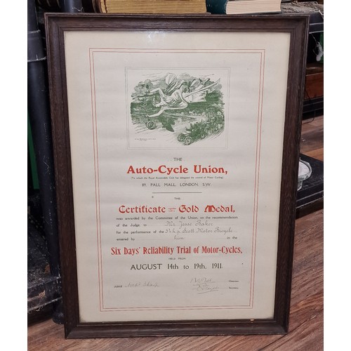 22 - 40 x 55 cm framed rare 1911 Auto Cycle Union reliability trial gold medal certificate