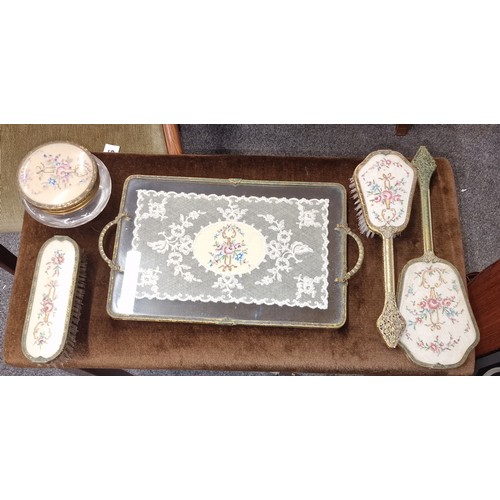 23 - Gilt petit point lace 5 piece dressing table vanity set